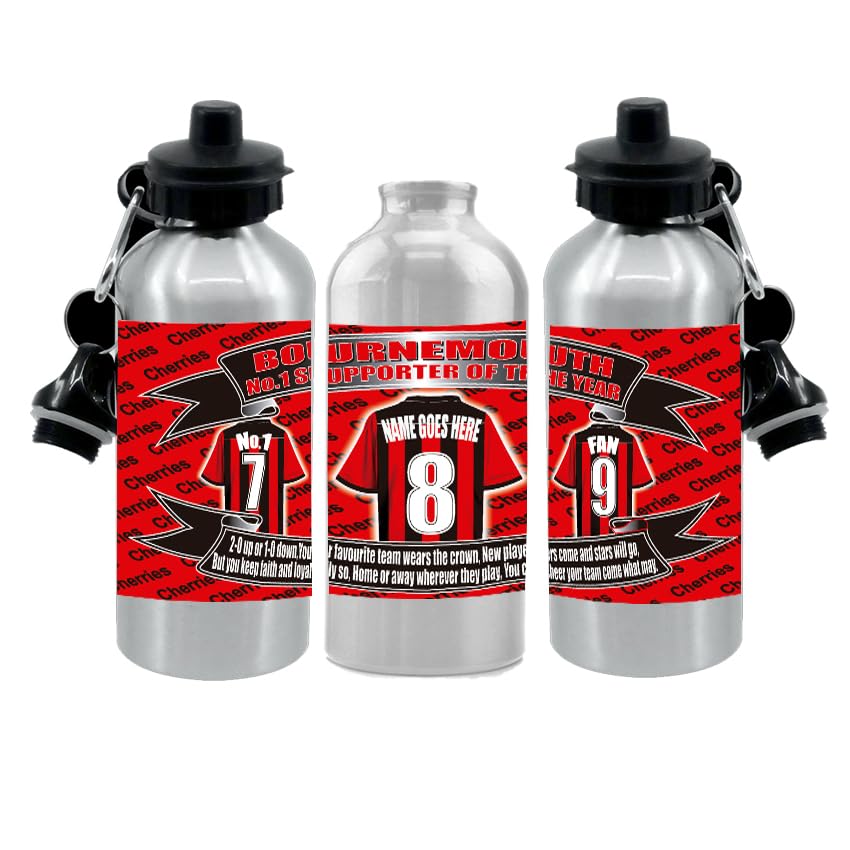 Bournemouth Personalised Football Shirt Silver Aluminium Two Lid Unisex Water Bottle Gift