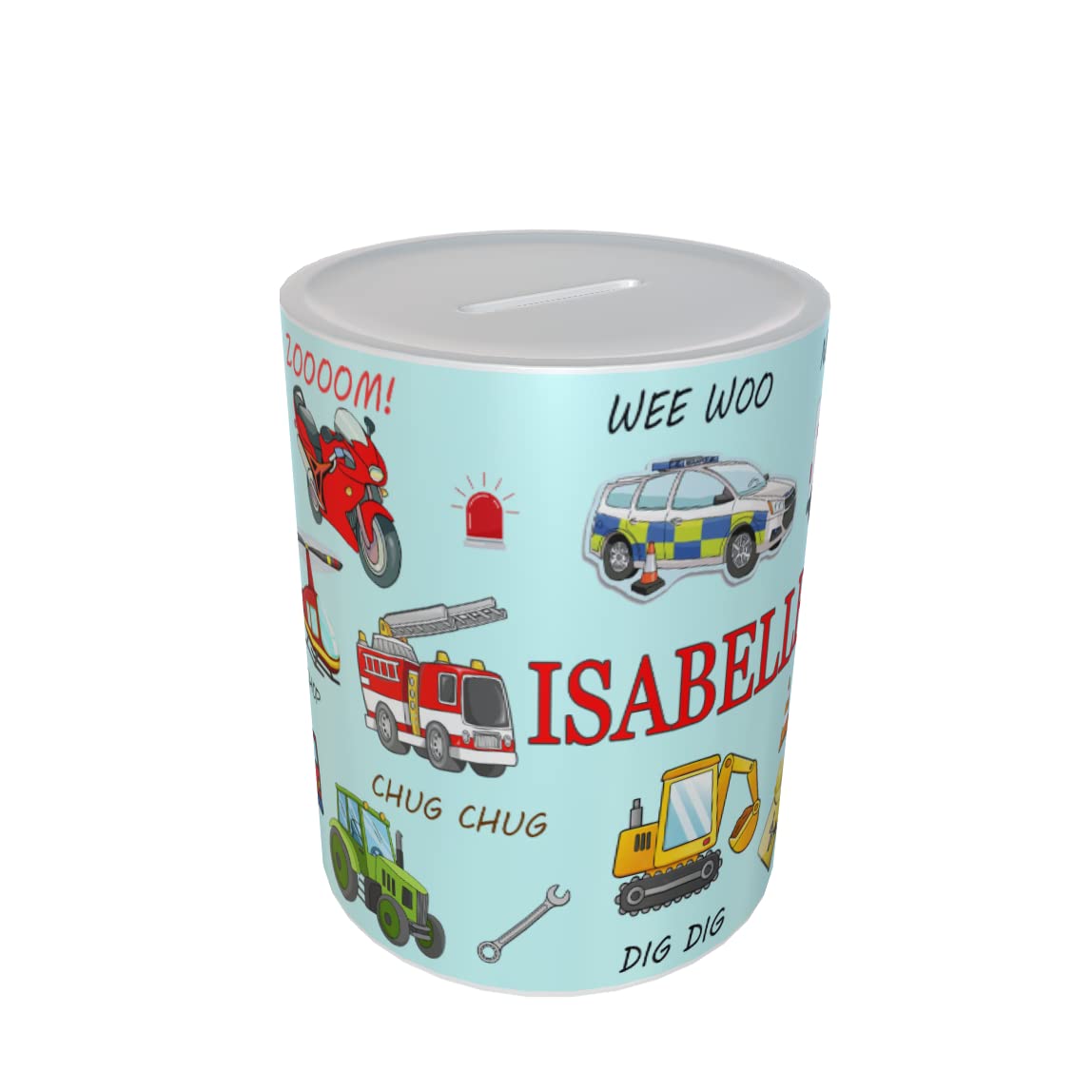 Fun Cartoon Personalised Vehicle Money Box Gift Blue