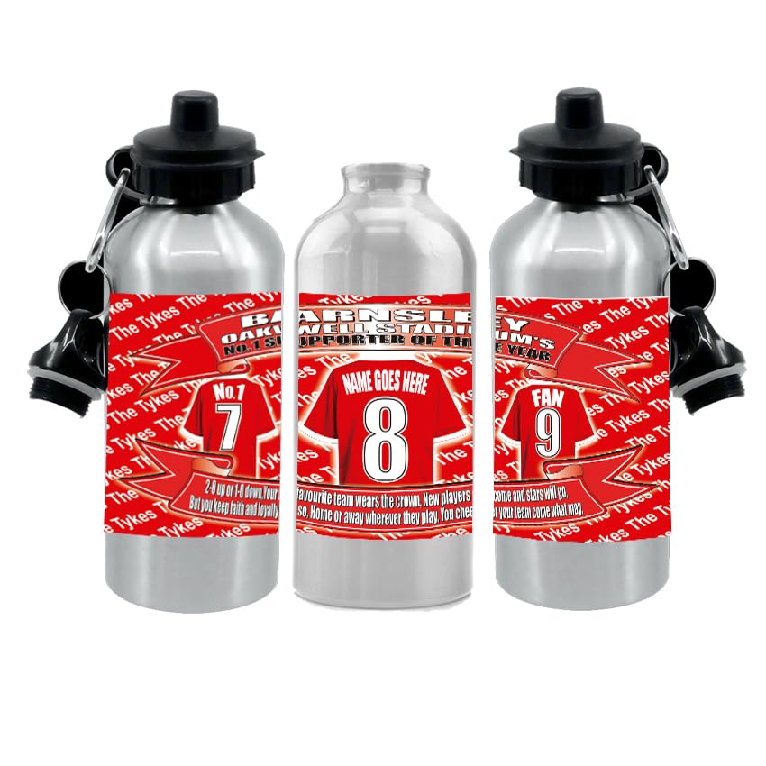 Personalised Bars The Tykes Water Bottle - Football Shirt - Silver Aluminium Two Lids - Unisex Gift