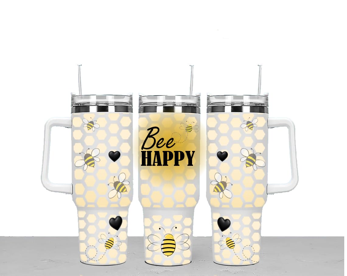 BEE Happy Large Unisex 40oz Stainless Steel Travel Cup Tumbler Gift with Carry Handle, Lid and Straw