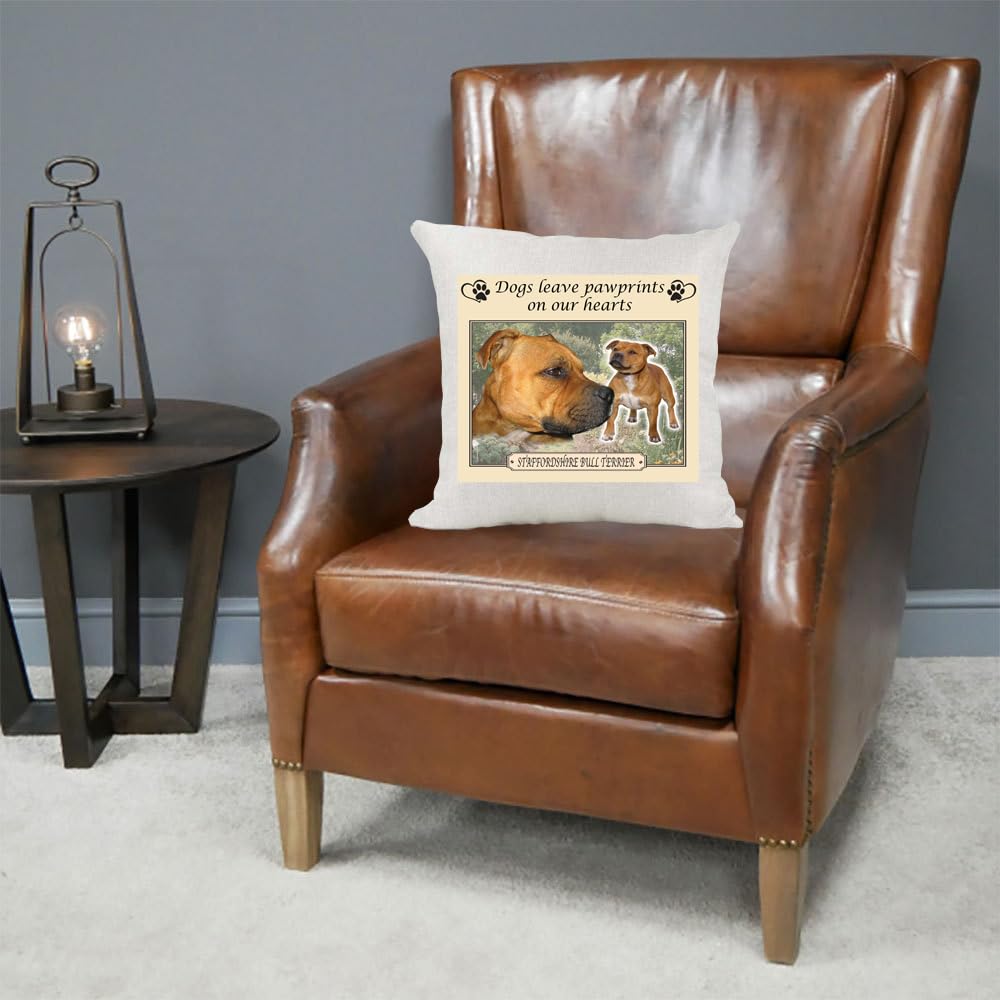 Brown Staffordshire Bull Terrier Staffy Dogs Leave Pawprints on our Hearts Country Canvas Style Cushion Cover Gift