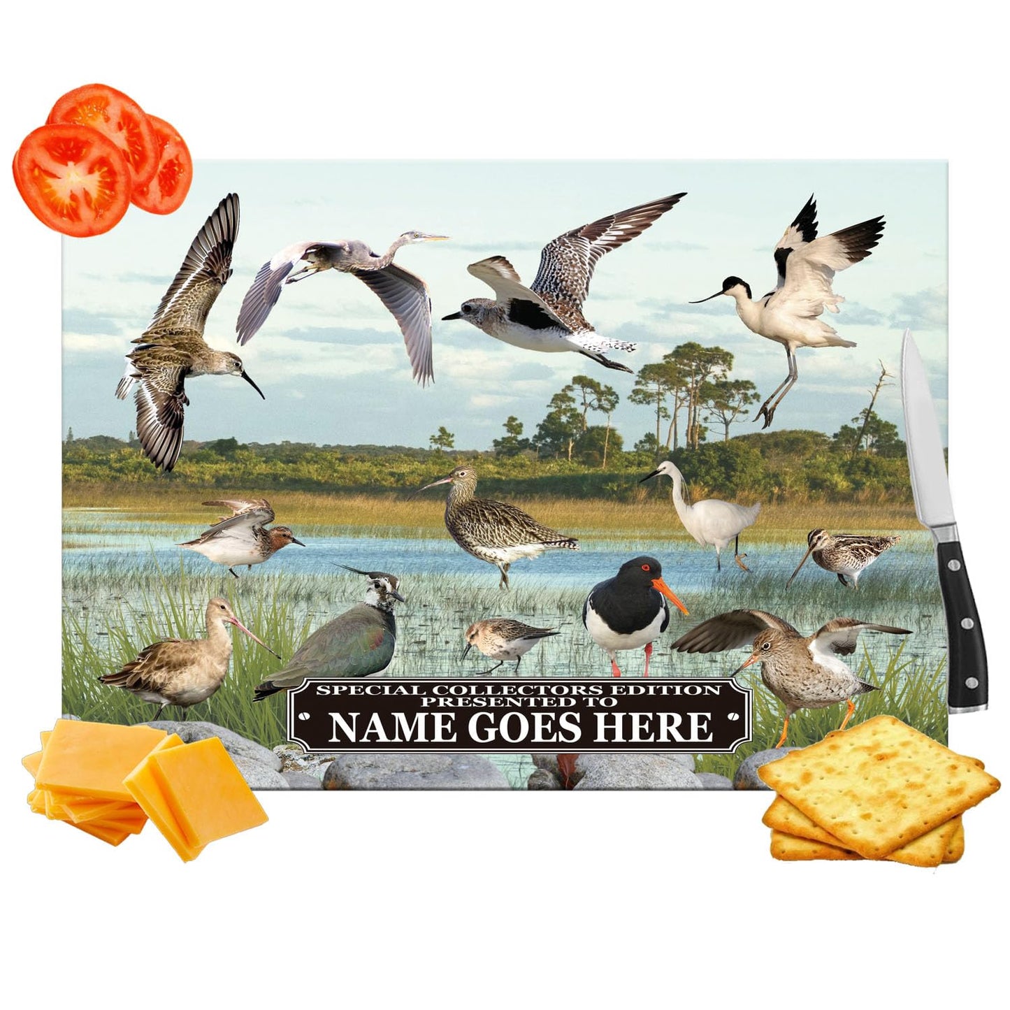 Personalised British Wetland Bird Ornithophile, Birder Wall Toughened Glass Heat Resistant Worktop Saver Cutting and Chopping Board Gift