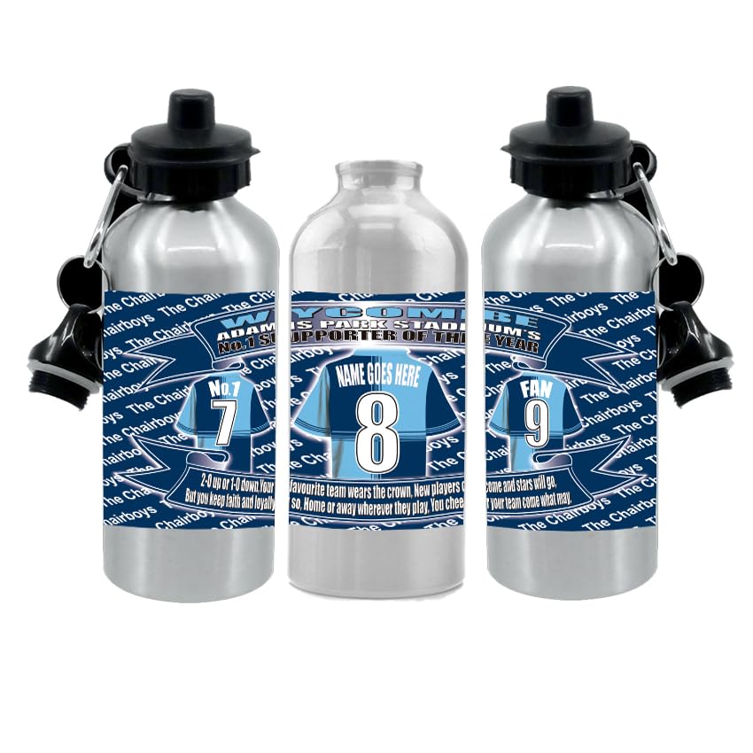 Wycombe Personalised Football Shirt Silver Aluminium Two Lid Unisex Water Bottle Gift