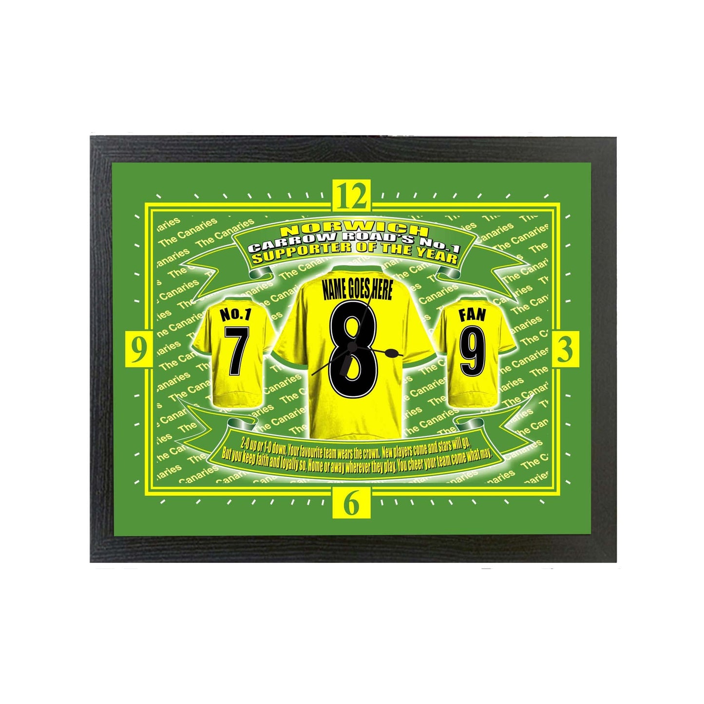 Norwich Football Shirt Personalised Clock Gift Present