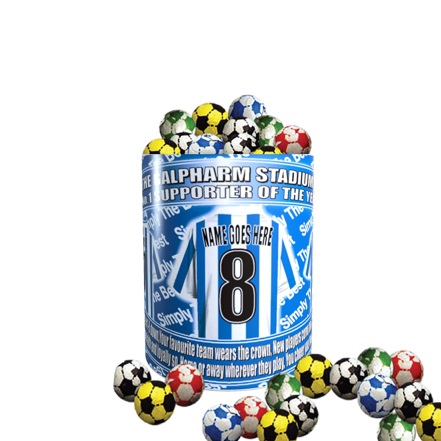 Huddersfield Football Team Shirt Personalised Mug Gift with Chocolate Footballs