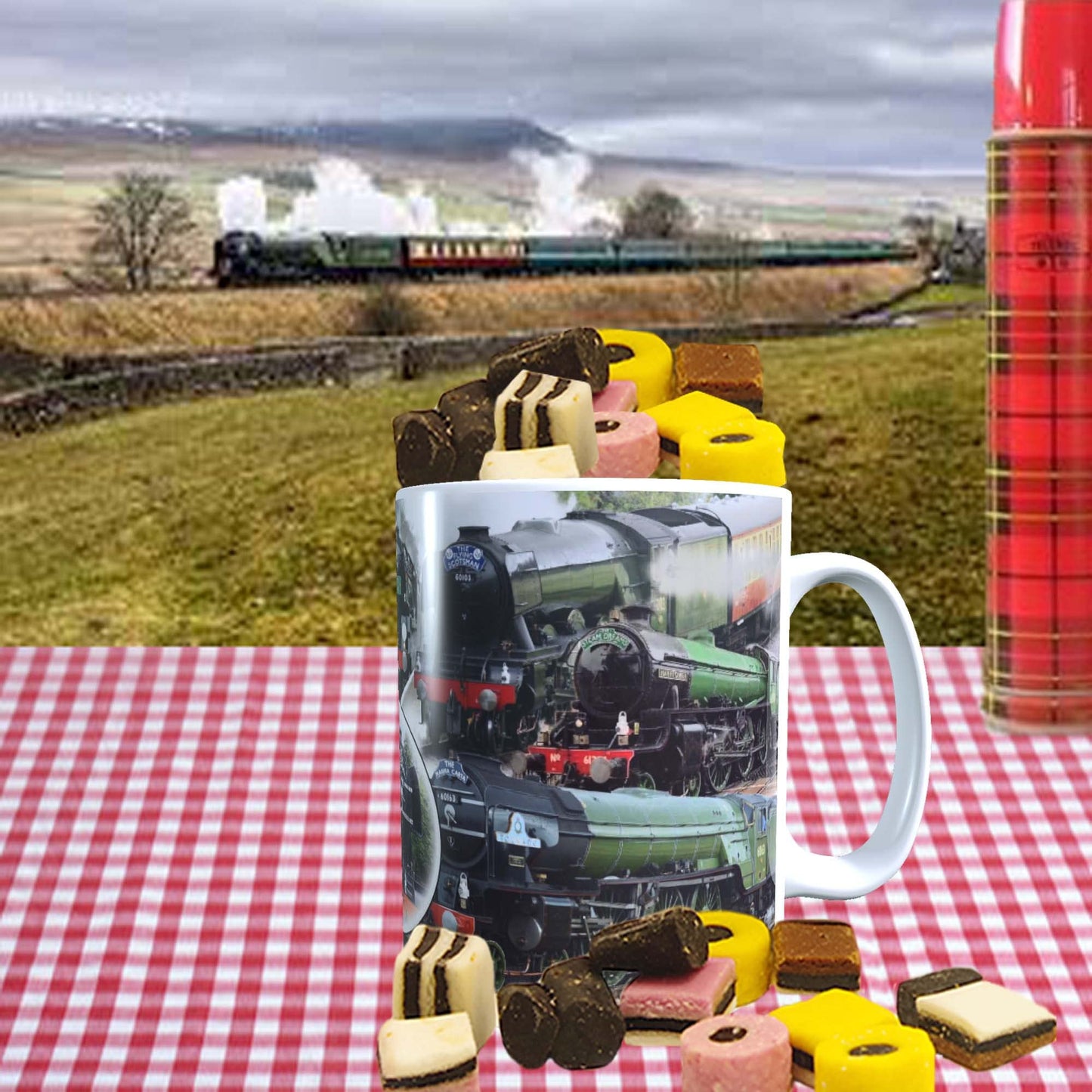 Classic Iconic Steam Locomotive Trains Mug with Choice of Sweets Gift
