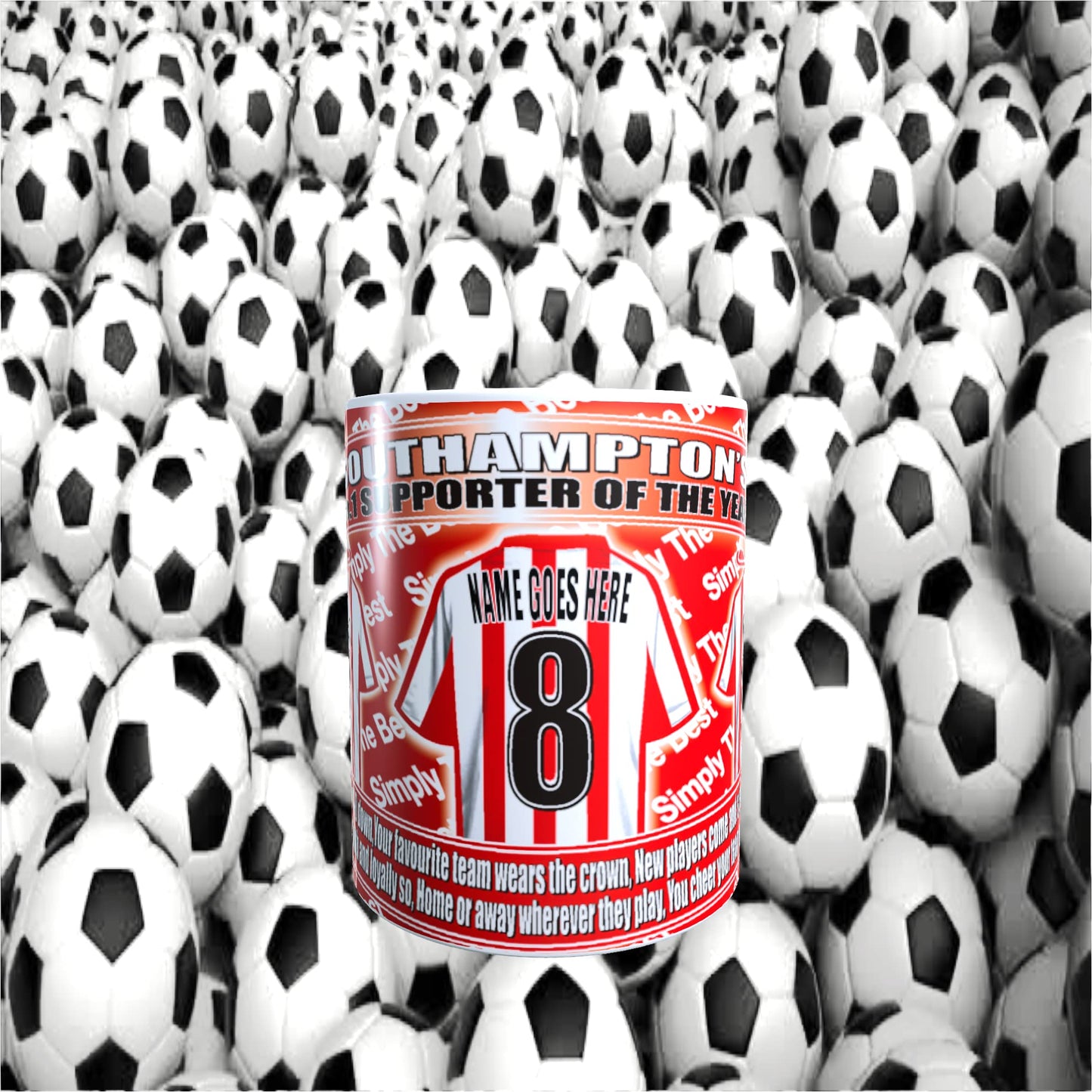 Ceramic Southampton Football Team Shirt Personalised Mug Gift with Chocolate Footballs