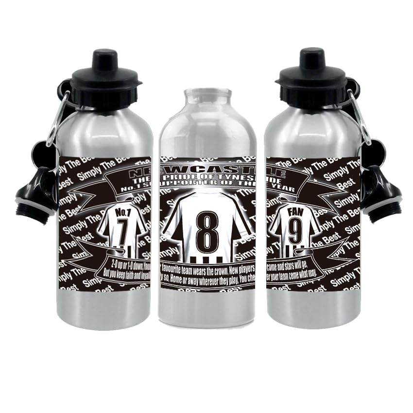 Personalised Newcastle Water Bottle - Football Shirt - Silver Aluminium Two Lids - Unisex Gift