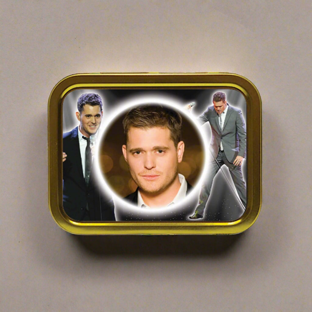 Compact mirror with a gold frame featuring images of a man in different poses.