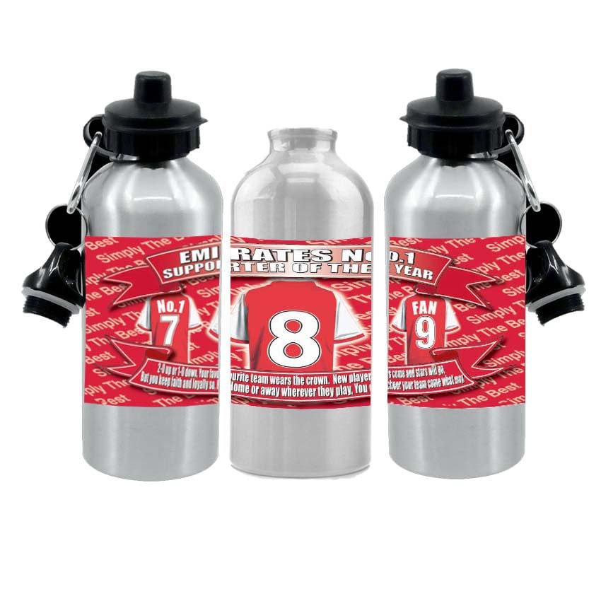 Gooners Water Bottle - Football Shirt - Silver Aluminium Two Lids - Unisex Gift