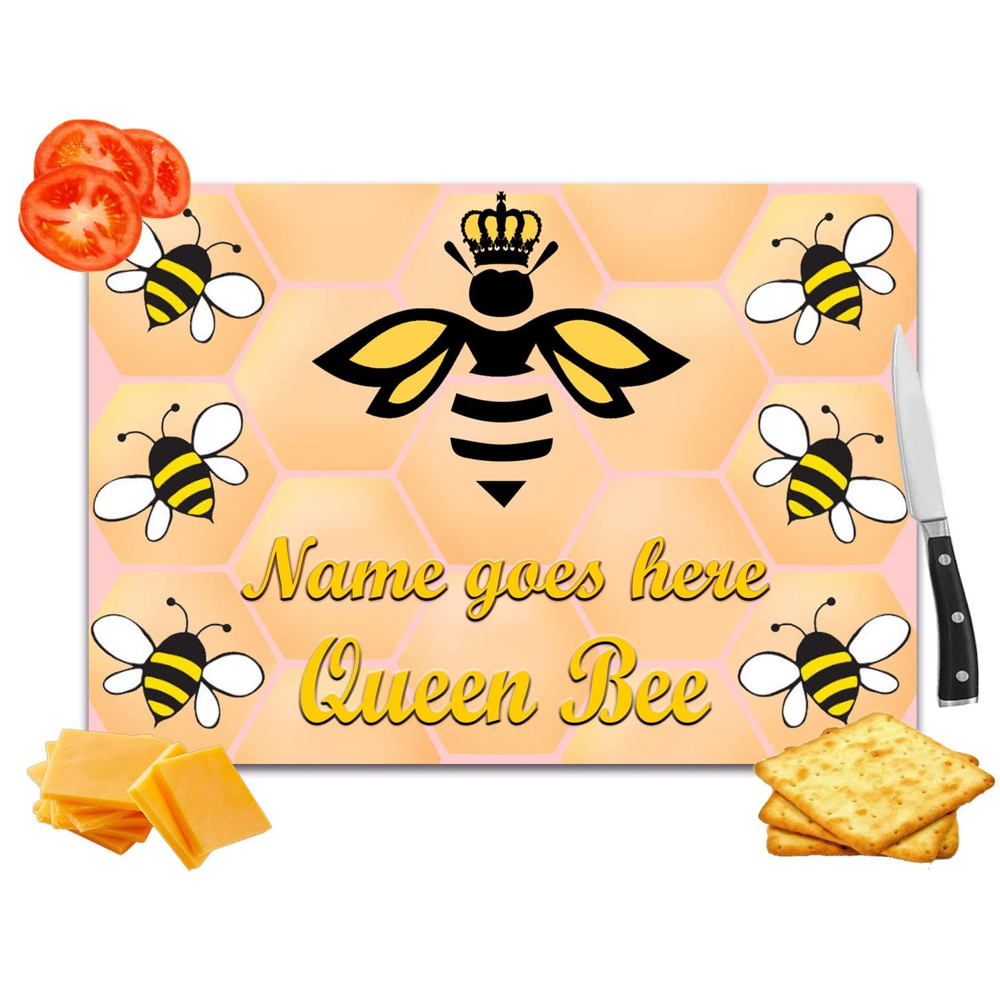 Queen Bee Honeycomb Design Personalised Toughened Glass Heat Resistant Worktop Saver Cutting and Chopping Board Gift