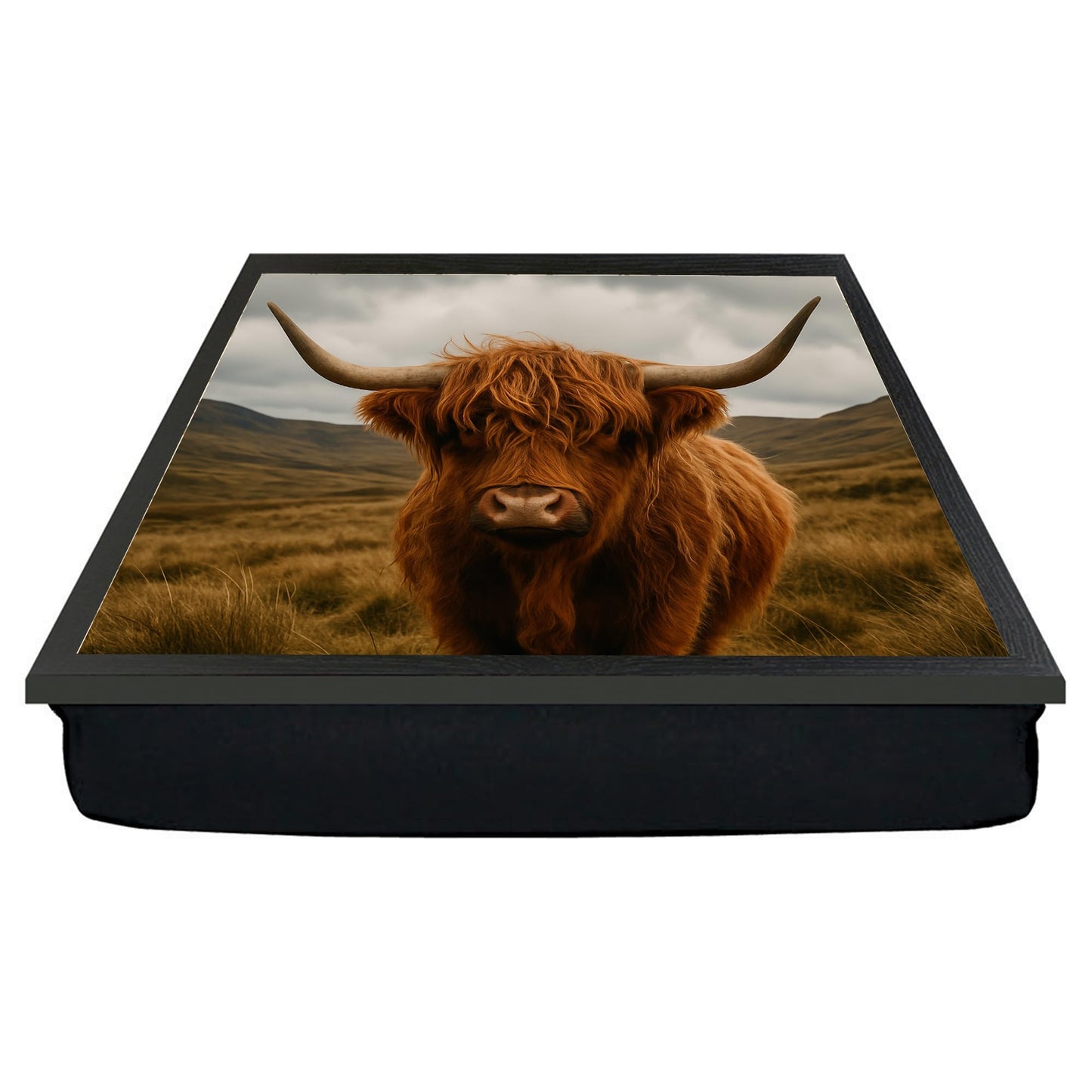 Scottish Highland Cow Lap Tray โ Cushioned Laptop and Meal Tray with Bean Bag Base โ Comfortable & Stylish Design Featuring Cute Highland Cattle โ Ideal for Work, Dining & Crafts