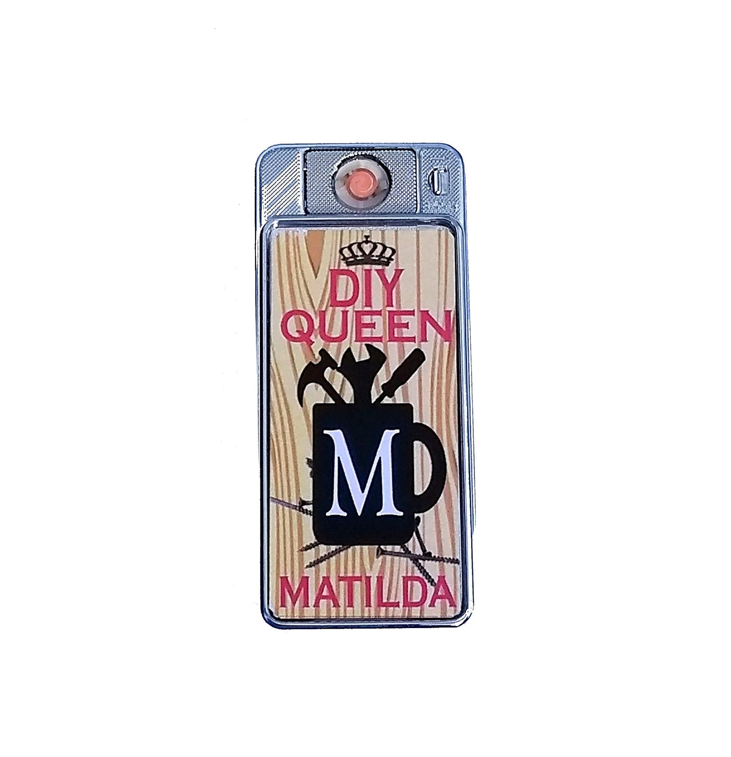 DIY Queen Personalised Rechargeable Gift Boxed Silver Metal USB Lighter