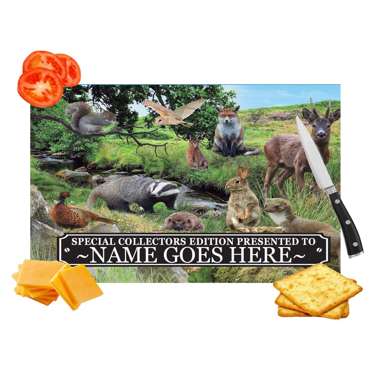 British Countryside Wildlife Animals Personalised Toughened Glass Heat Resistant Worktop Saver Cutting and Chopping Board Gift