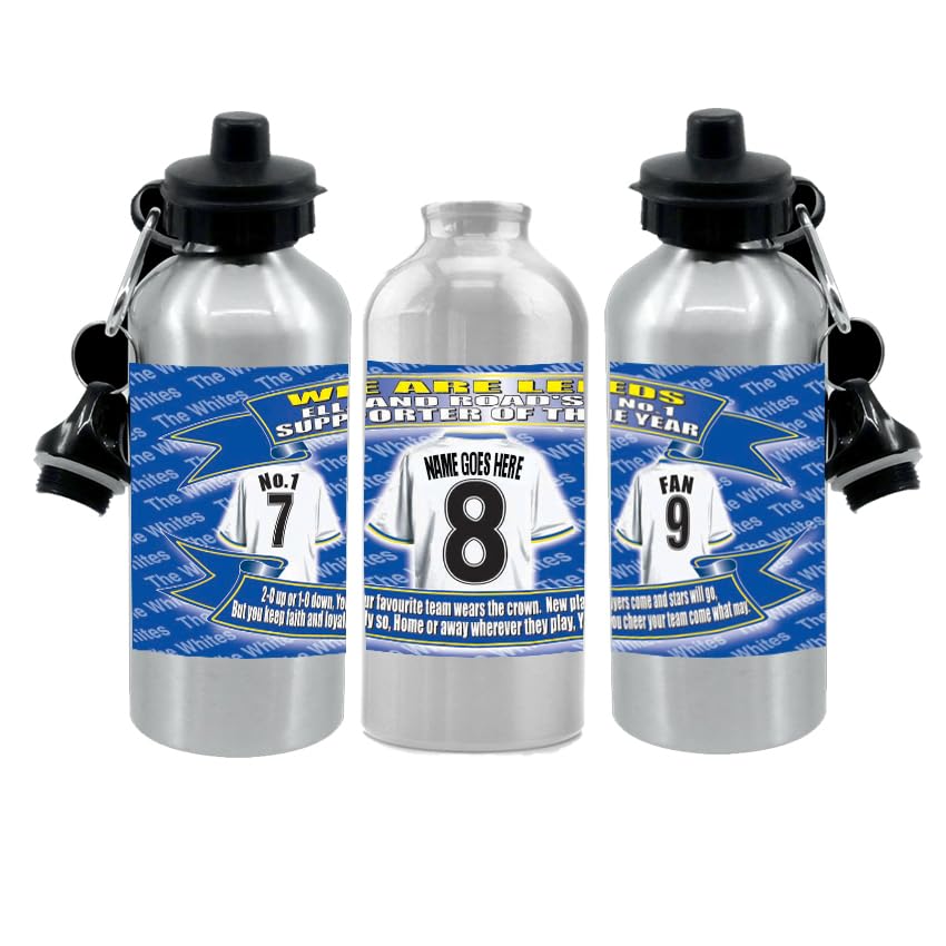 Leeds Personalised Football Shirt Silver Aluminium Two Lid Unisex Water Bottle Gift