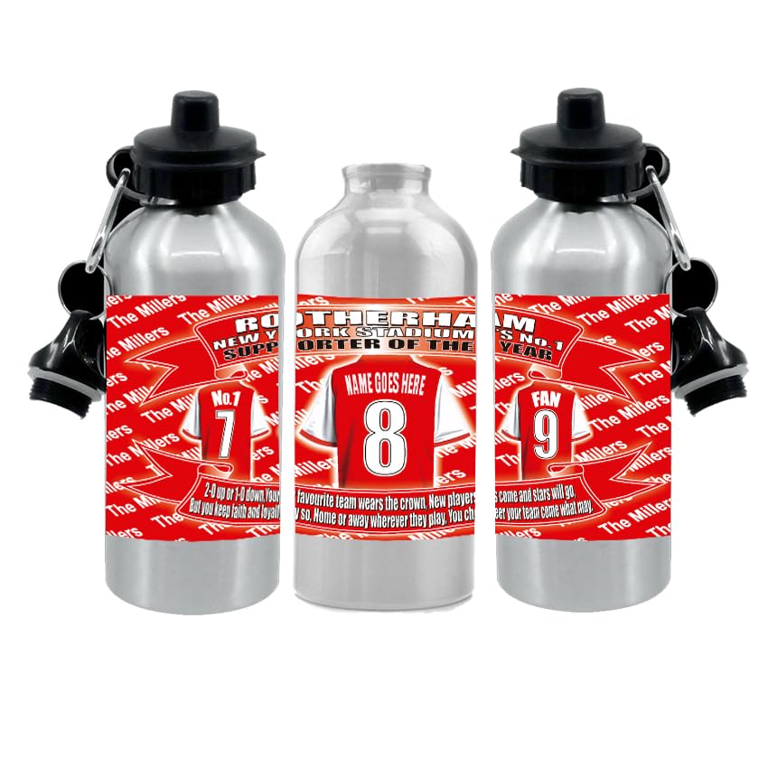 Rotherham Personalsied Football Shirt Silver Aluminium Two Lid Unisex Water Bottle Gift