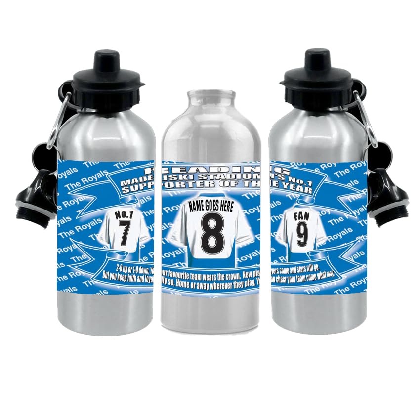 Personalised Reading Water Bottle - Football Shirt - Silver Aluminium Two Lids - Unisex Gift