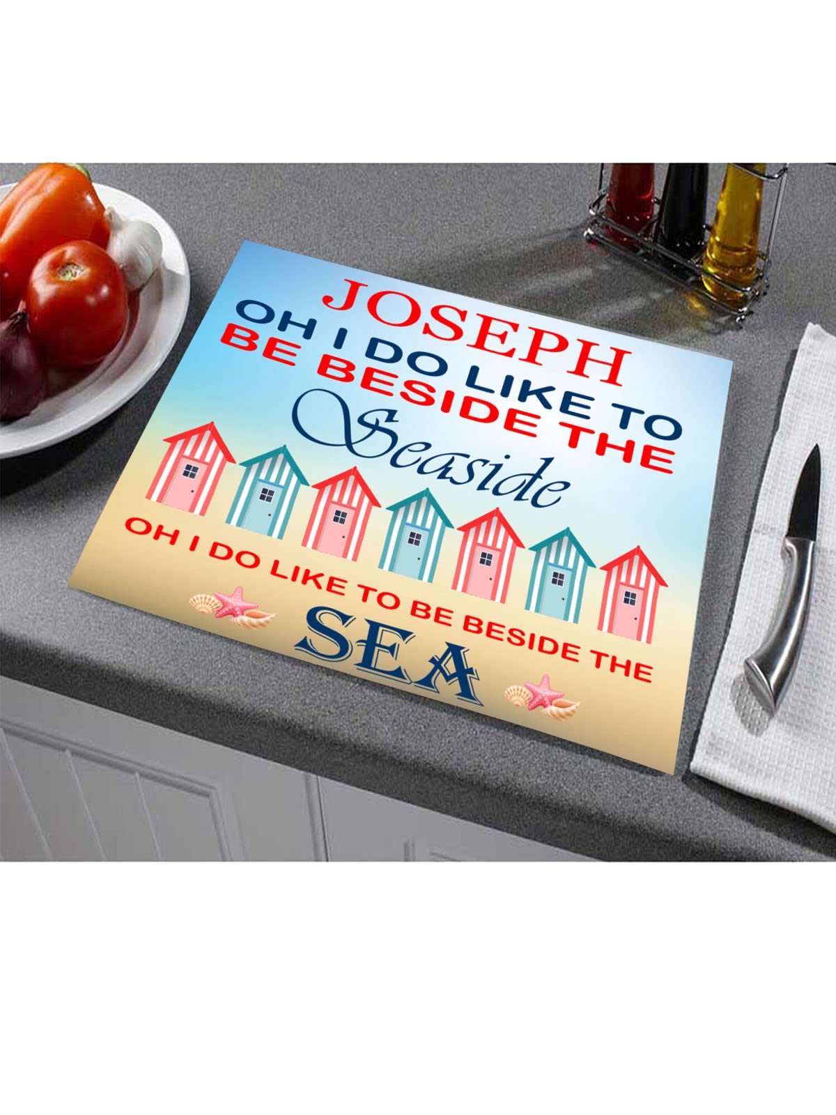 Beside The Seaside Personalised Toughened Glass Heat Resistant Worktop Saver Cutting and Chopping Board Gift