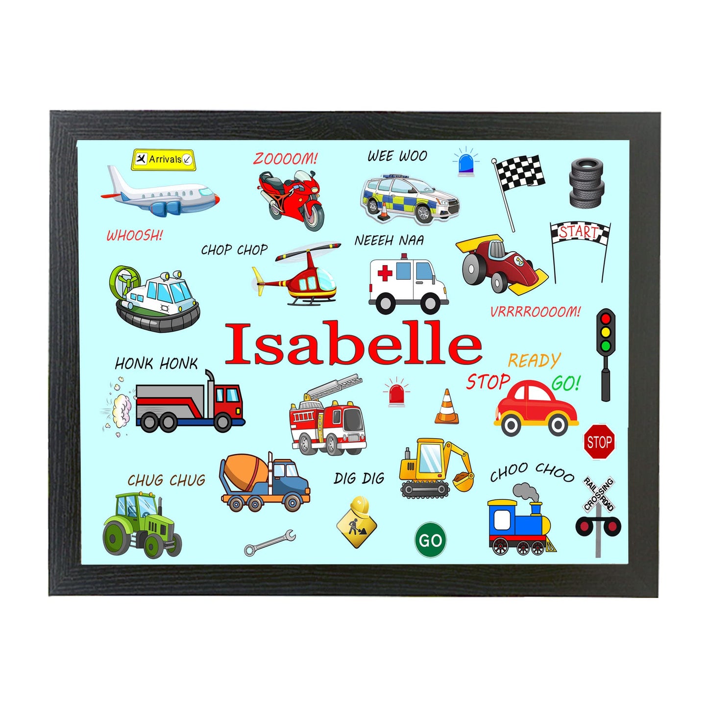 Junior Personalised Fun Cartoon Vehicles Choice Of Two Colours Design Soft Cushion Lap Tray Gift