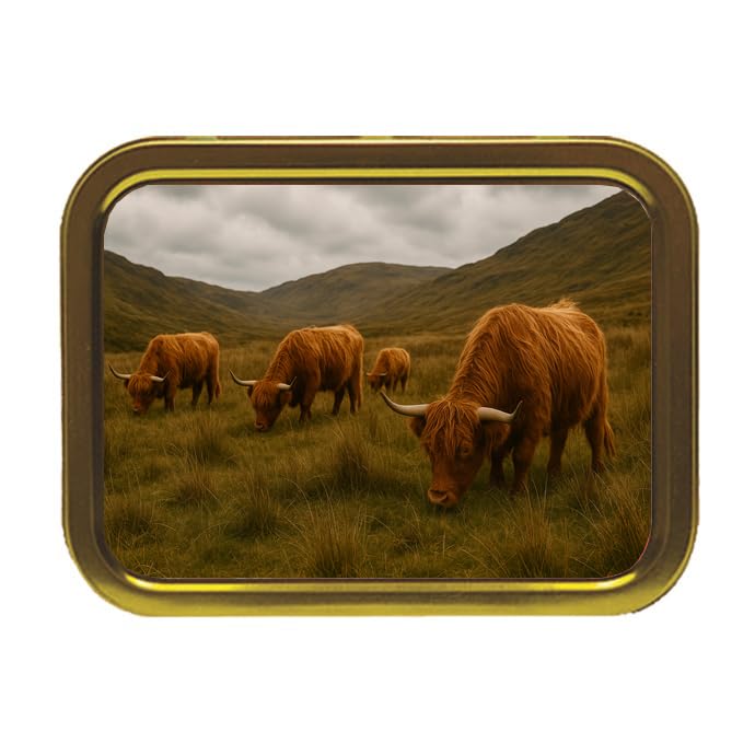 Scottish Highland Cow Tobacco tin ā Cute Metal Storage with Removable Lid | Farm Animal Print Pocket for Tobacco, Rolling Papers & More