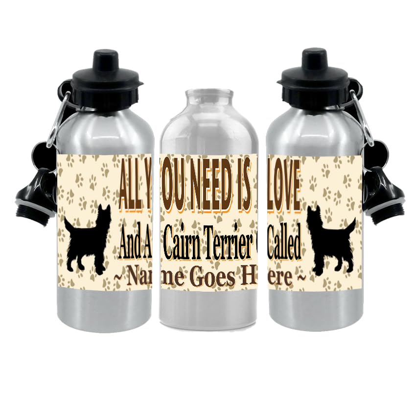 Personalised Cairn Terrier Water Bottle - All You Need Is Love - Silver Aluminium - Two Lids - Unisex Gift
