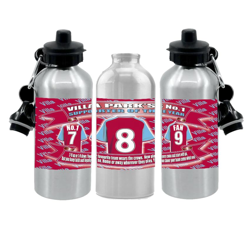 The Villa Water Bottle - Football Shirt - Silver Aluminium Two Lids - Unisex Gift