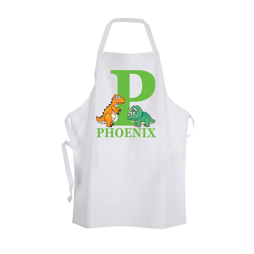 Children's Kid's White Dinosaur T-rex Monogram Personalised Name Chef Pinny Apron Gift Present