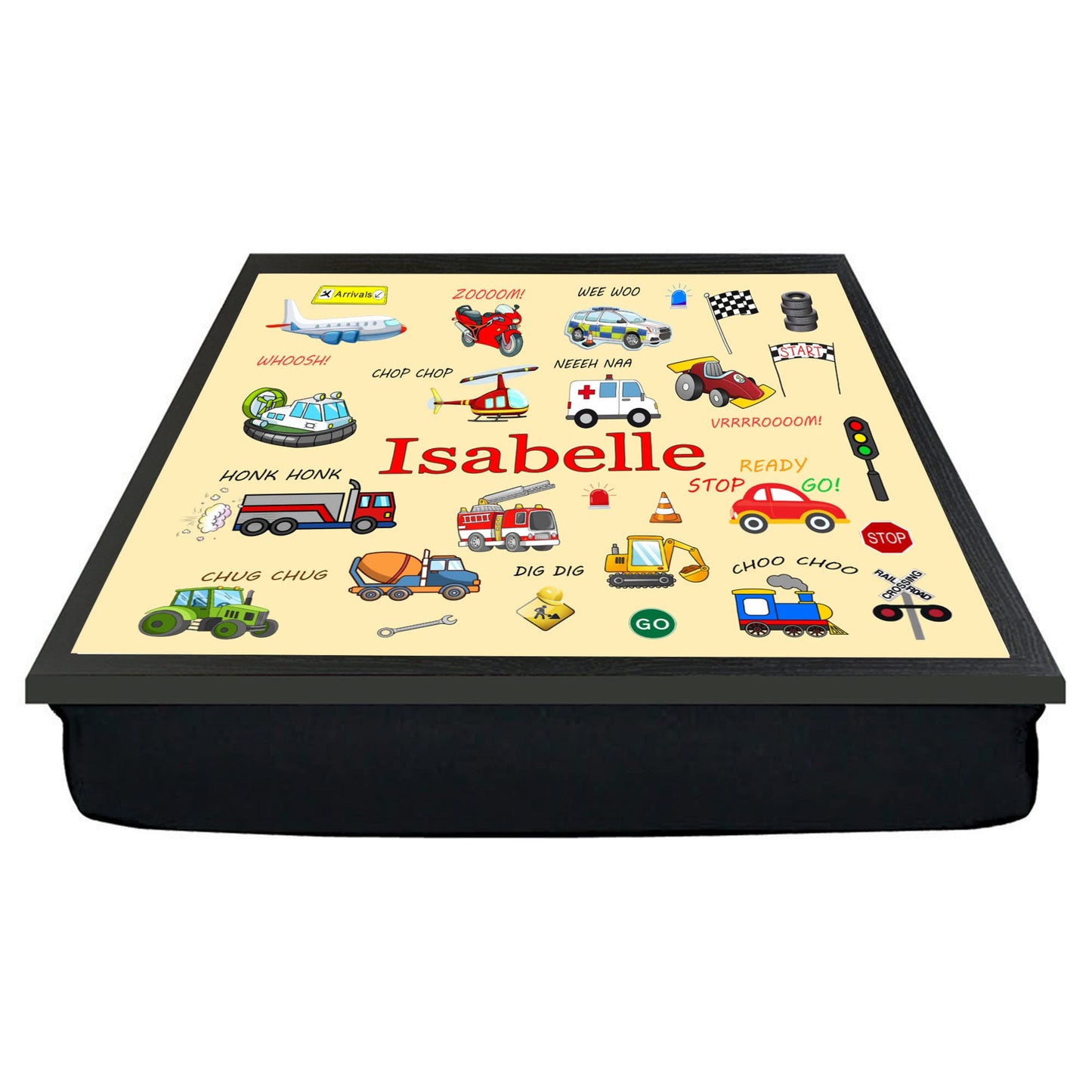 Junior Personalised Fun Cartoon Vehicles Choice Of Two Colours Design Soft Cushion Lap Tray Gift