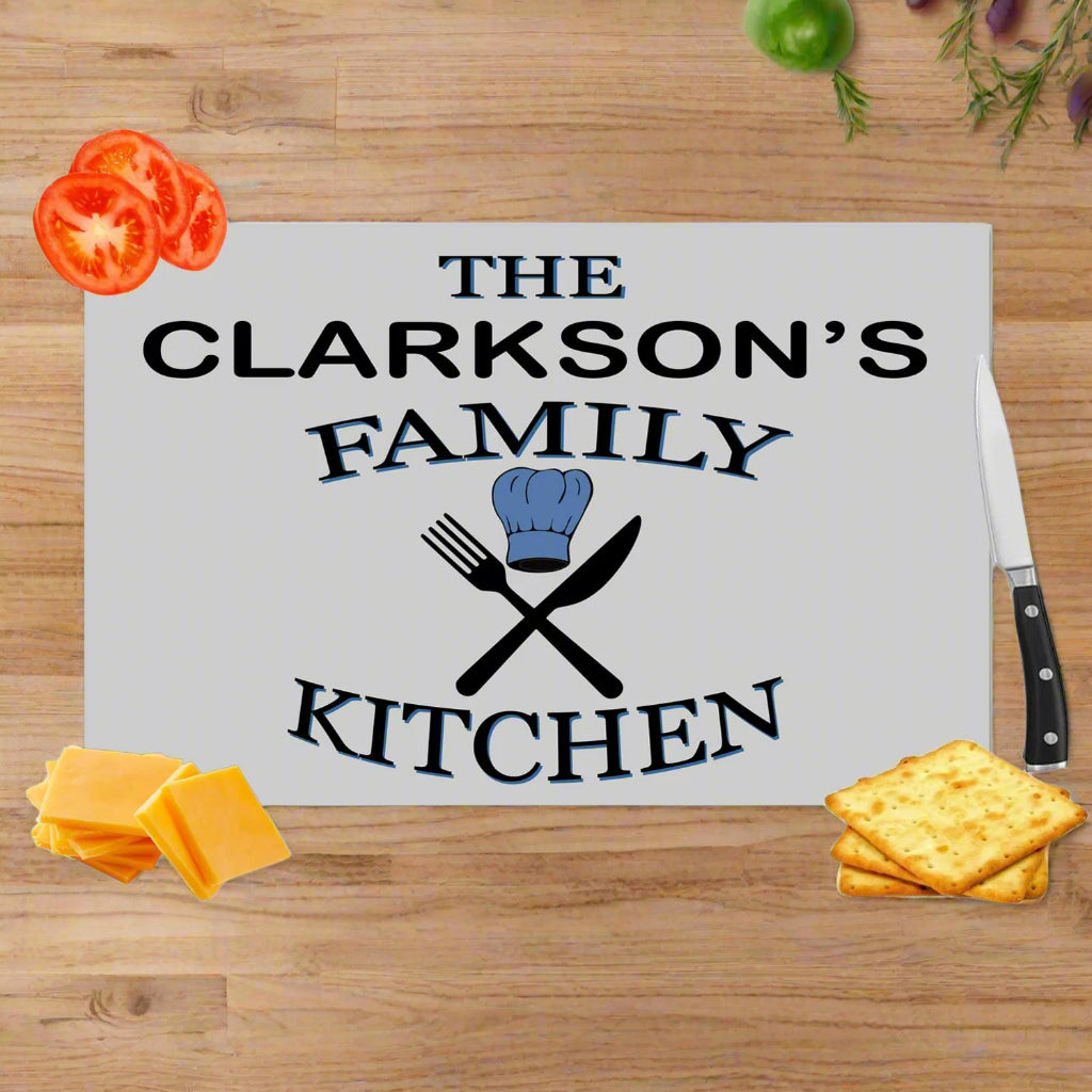Personalized kitchen mat with 'The Clarkson's Family Kitchen' text, surrounded by food items on a white background.