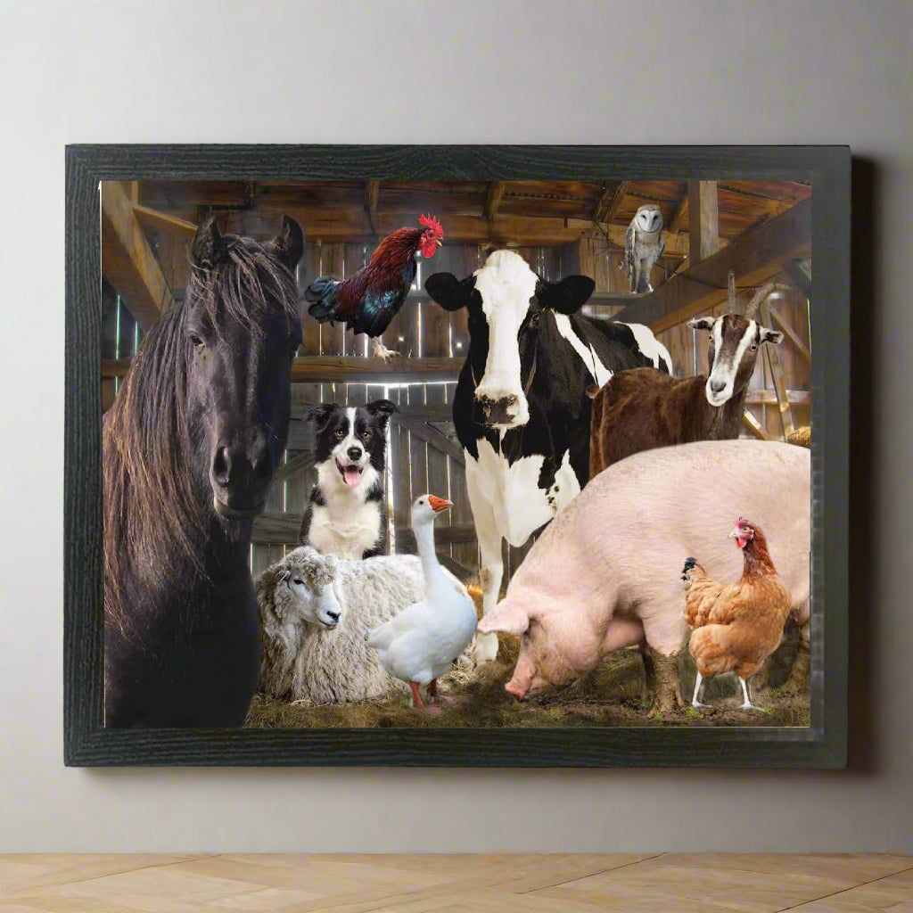 Group of farm animals in a barn setting