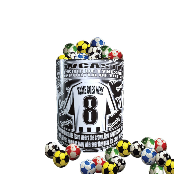 Personalized container with soccer balls on a white background
