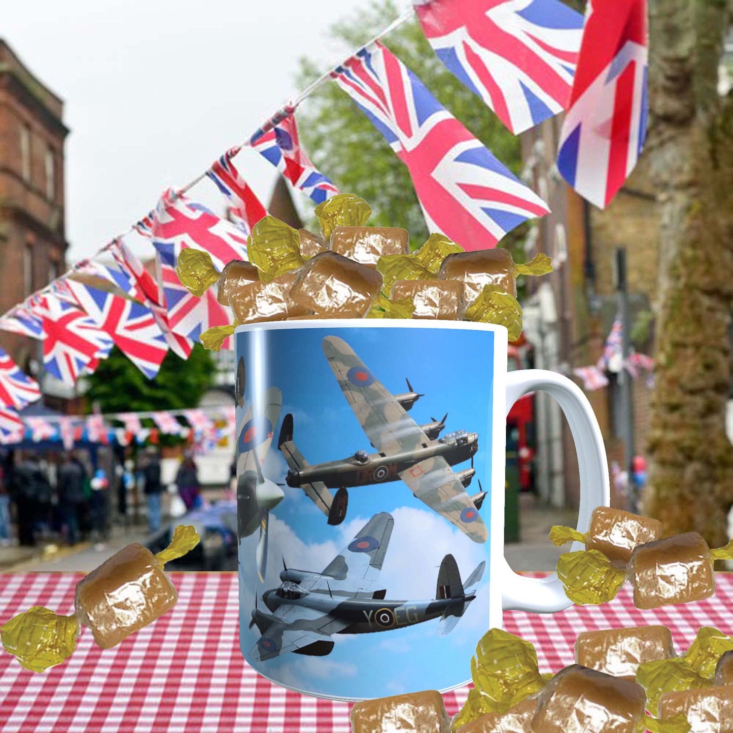 VE Day Battle of Britain WWII Iconic War Planes Spitfire Lancaster Mug with Choice of Sweets Gift