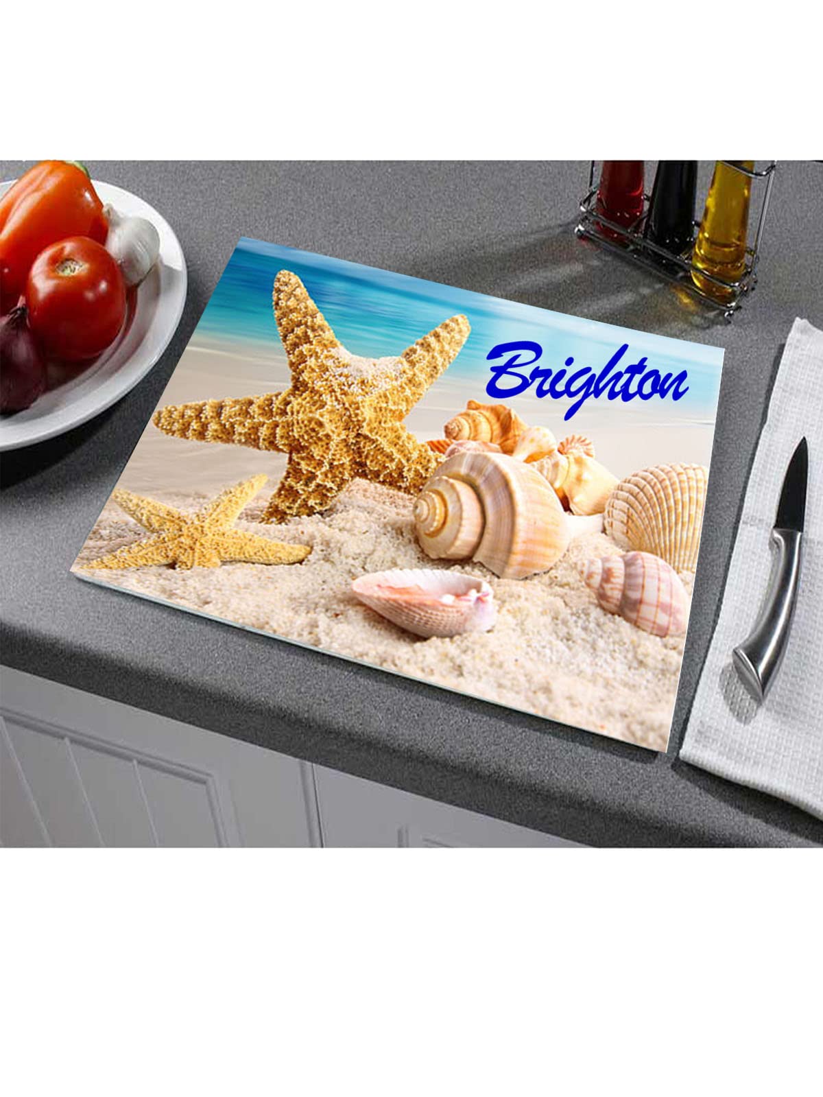 Seashells on The Seashore Personalised Toughened Glass Heat Resistant Worktop Saver Cutting and Chopping Board Gift