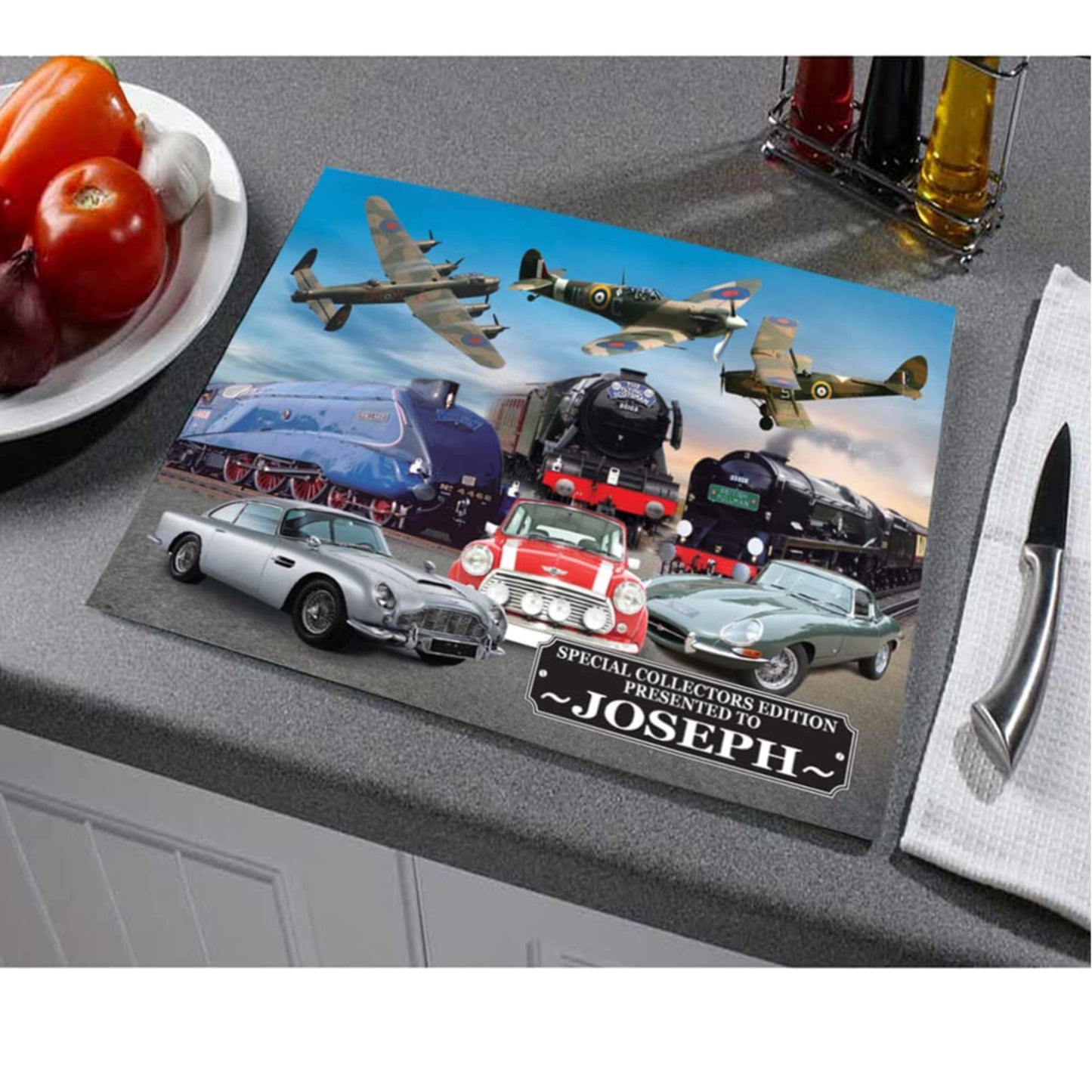 Personalized cutting board with vintage car and airplane design on a kitchen counter.