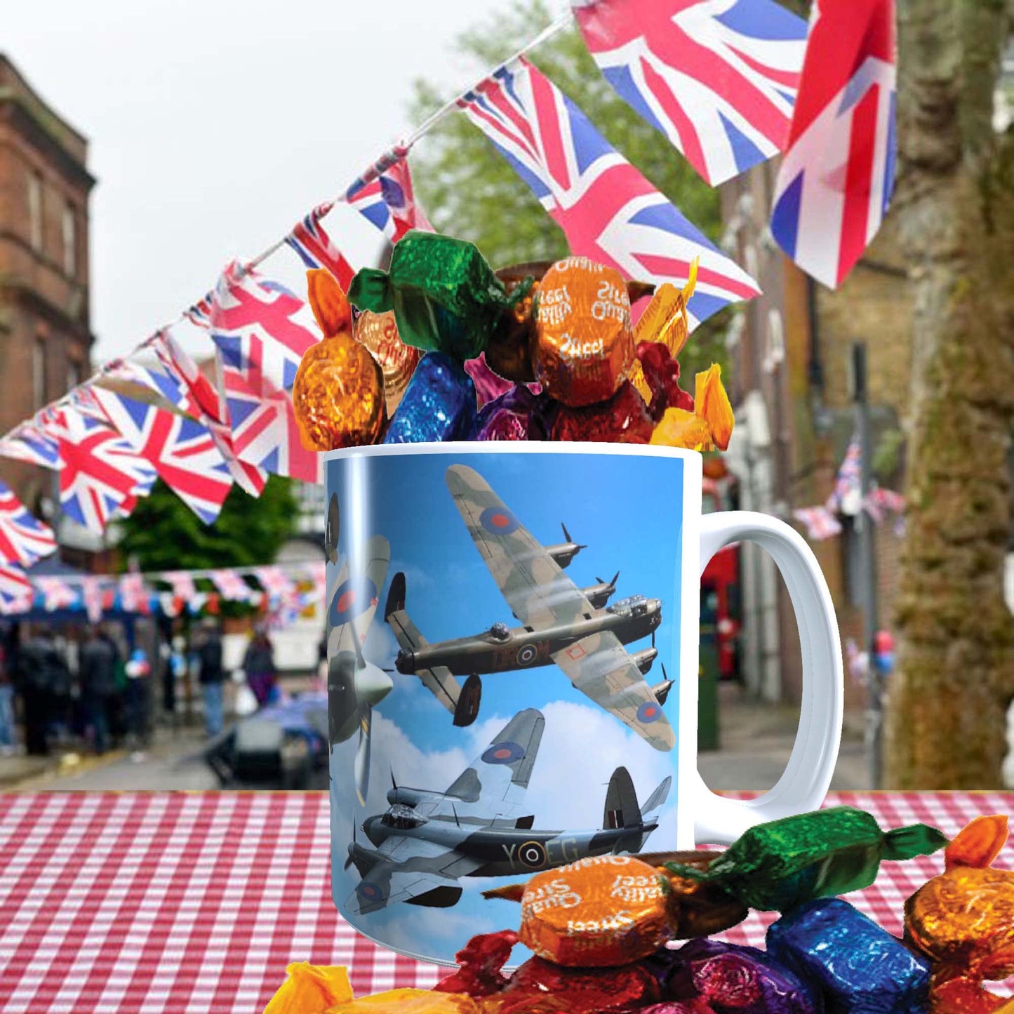 VE Day Battle of Britain WWII Iconic War Planes Spitfire Lancaster Mug with Choice of Sweets Gift