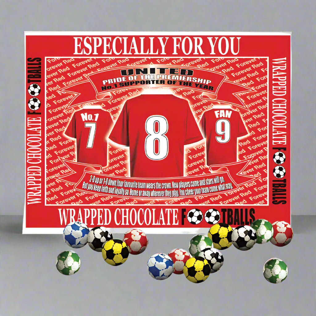 Red chocolate bar with soccer-themed packaging featuring jerseys and soccer balls.