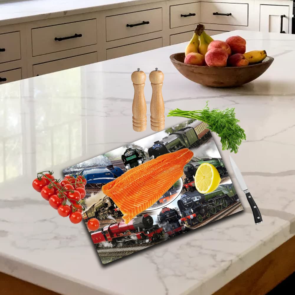 Classic Steam Locomotive Train Toughened Glass Heat Resistant Worktop Saver Cutting and Chopping Board Gift