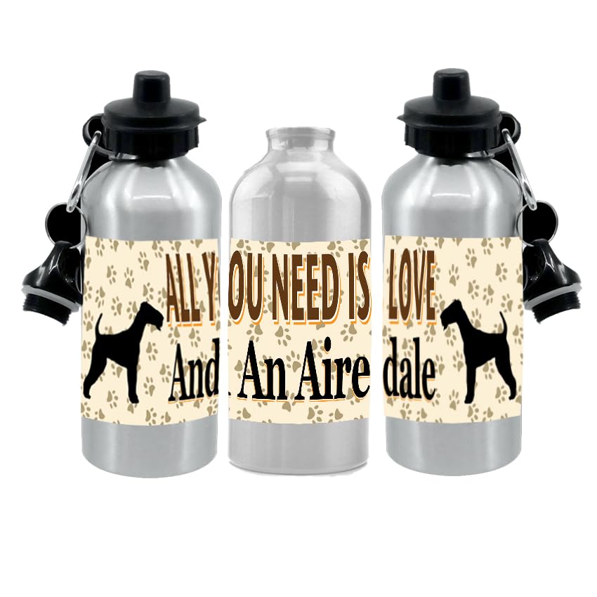Airedale Water Bottle - All You Need Is Love - Silver Aluminium - Two Lids - Unisex Gift
