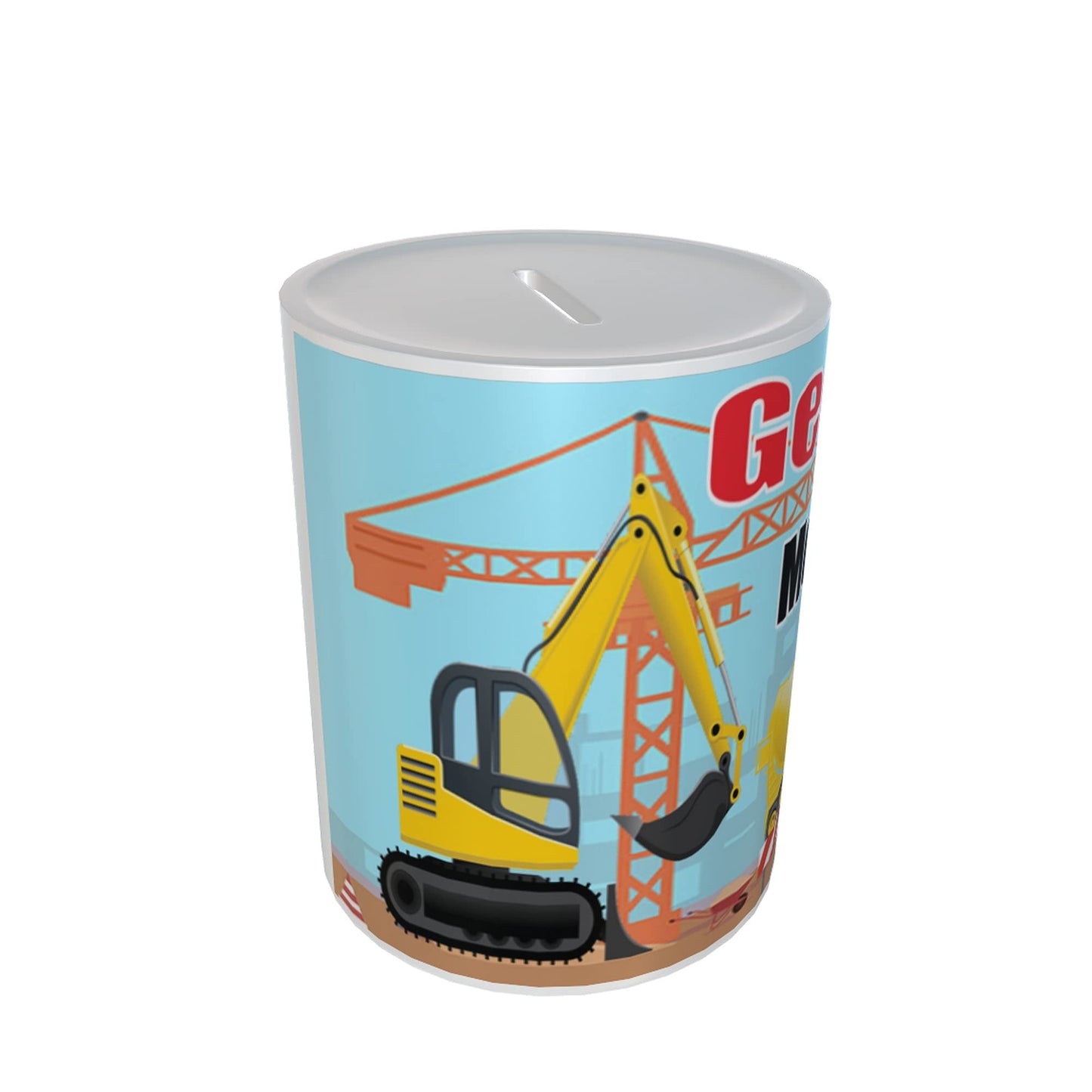 Personalised Kids Digger & Dumper Truck Ceramic Piggy Bank Money Box Gift