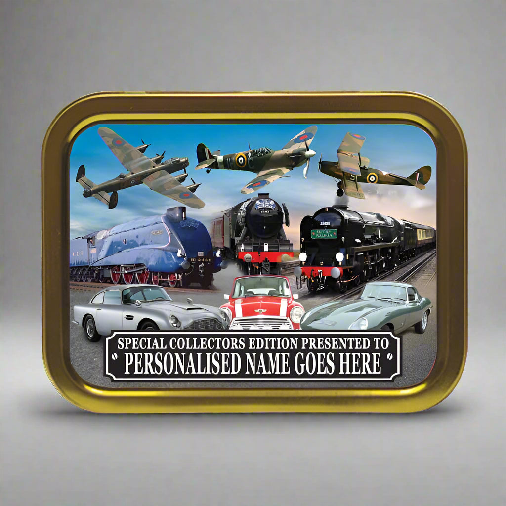 Collectible tin with vintage cars, trains, and airplanes on a blue sky background.