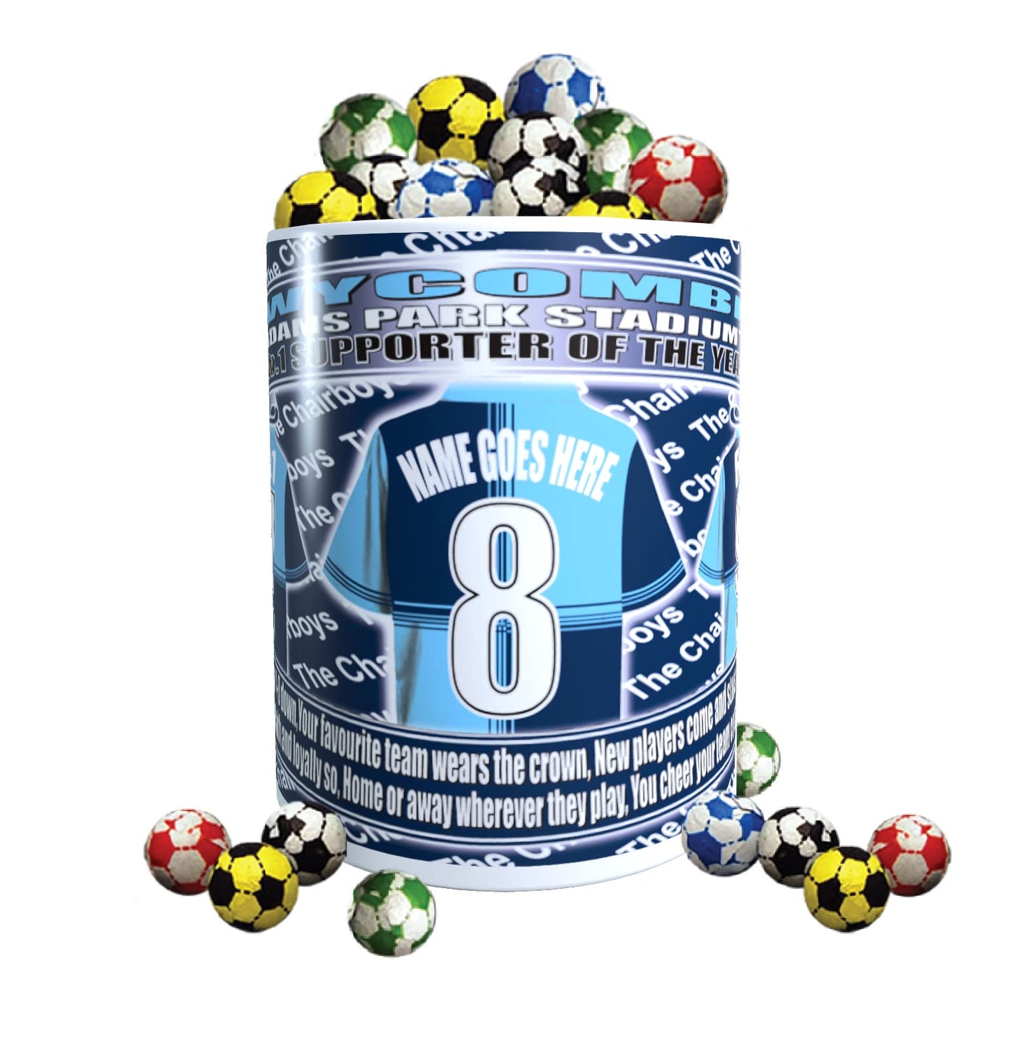 Wycombe Personalised Football Shirt Mug Gift with Chocolate Footballs