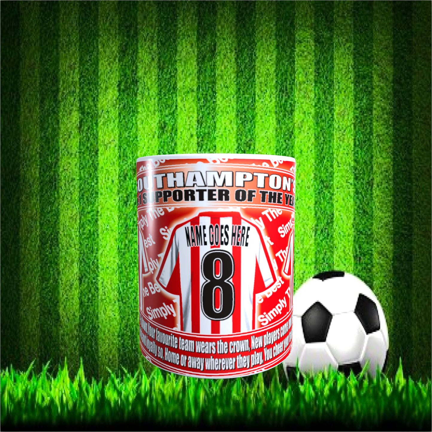 Ceramic Southampton Football Team Shirt Personalised Mug Gift with Chocolate Footballs