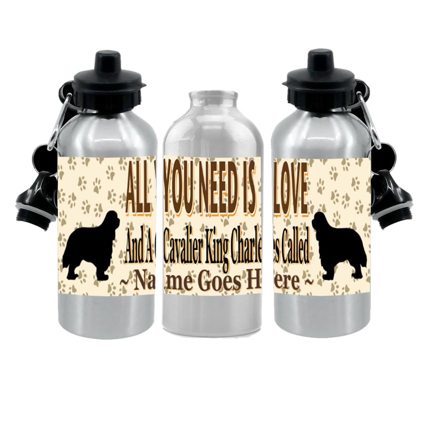 Personalised Cavalier King Charles Water Bottle - All You Need Is Love - Silver Aluminium - Two Lids - Unisex Gift