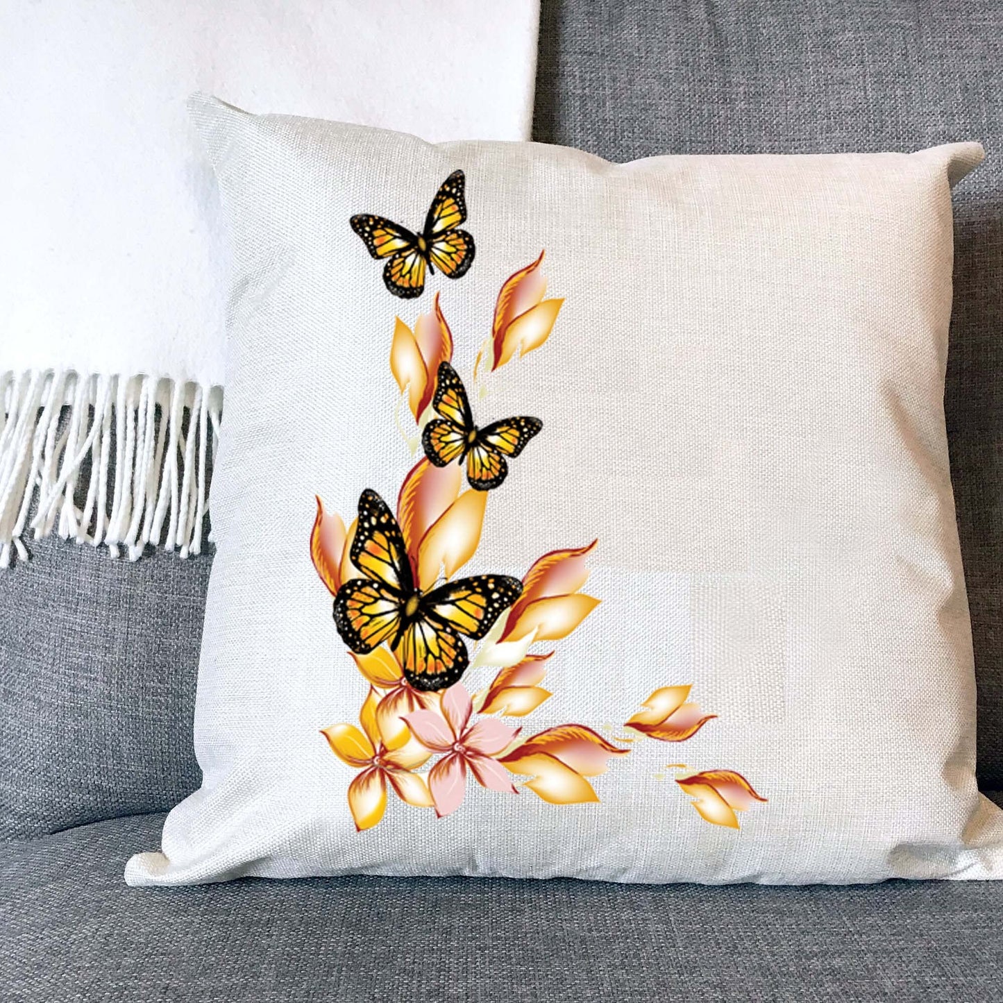 Floral Butterfly Naturally Woven Linen Style Cushion Cover Pillow Gift