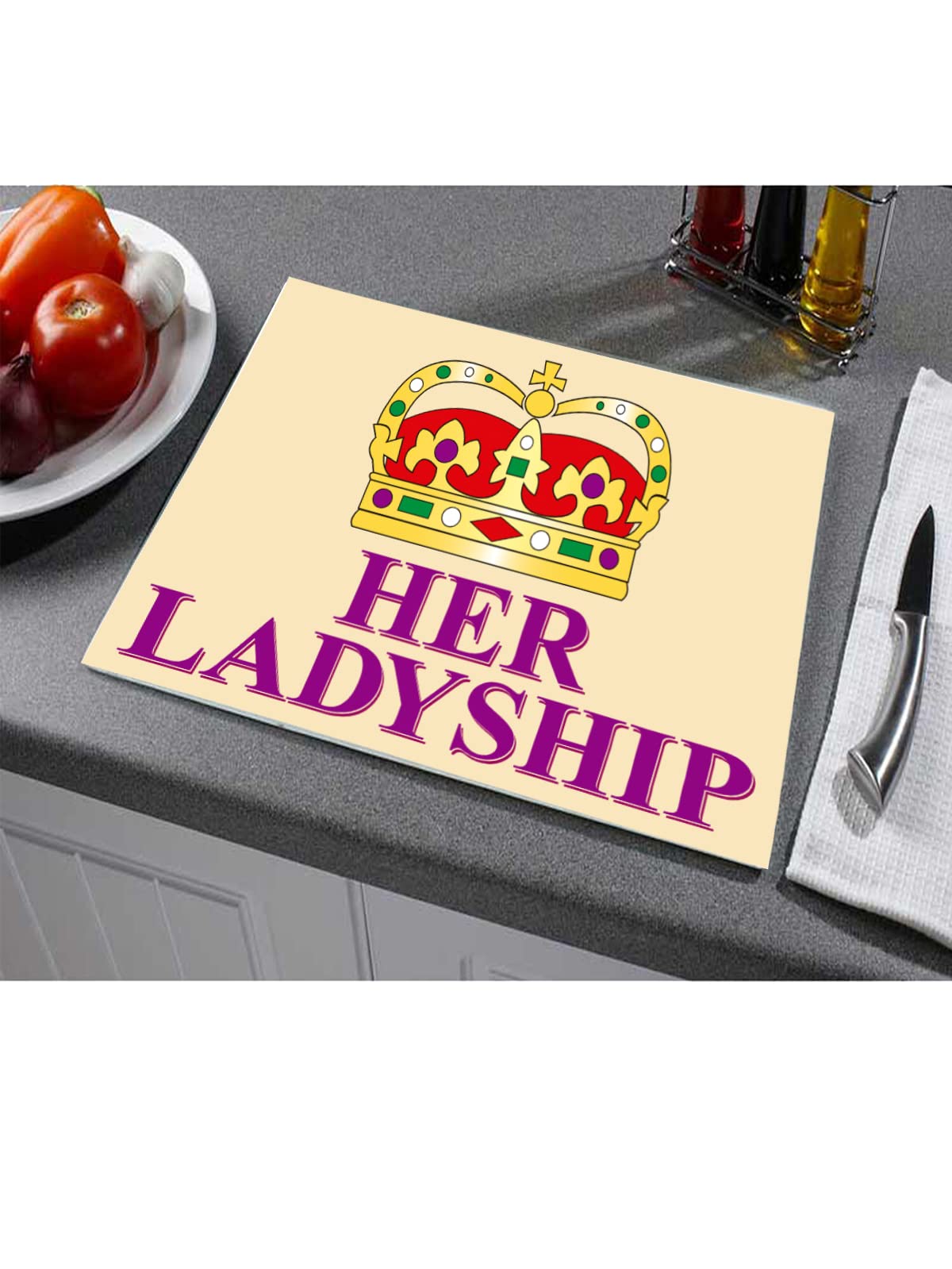 Her Ladyship Toughened Glass Heat Resistant Worktop Saver Cutting and Chopping Board Gift