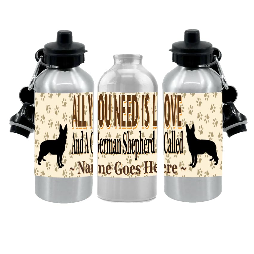 Personalised German Shepherd Water Bottle - All You Need Is Love - Silver Aluminium - Two Lids - Unisex Gift