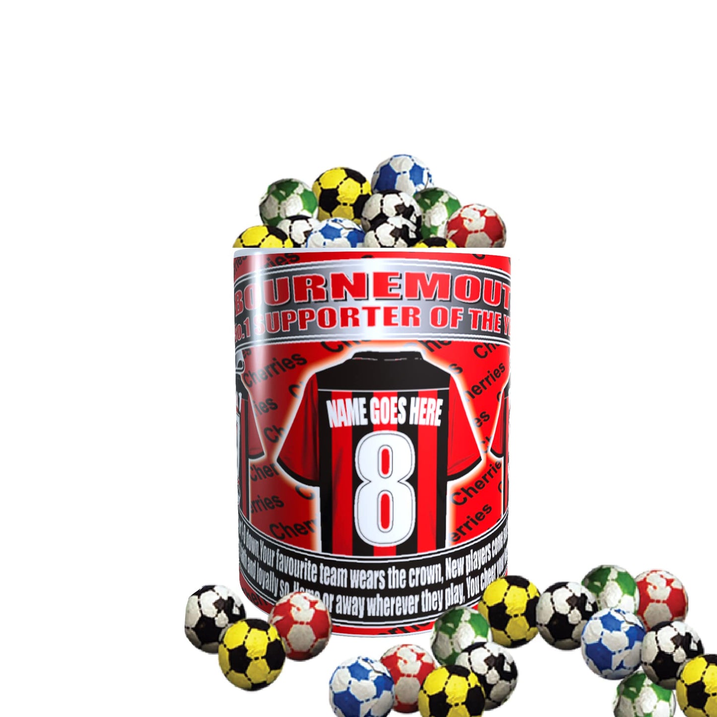 Bournemouth Football Team Shirt Personalised Mug Gift with Chocolate Footballs
