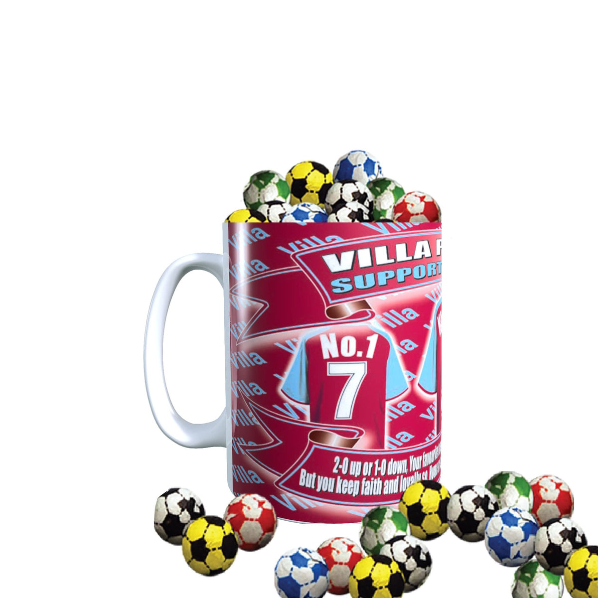 The Villa Personalised Football Shirt Ceramic Mug Team-Aston Gift with Chocolate Footballs