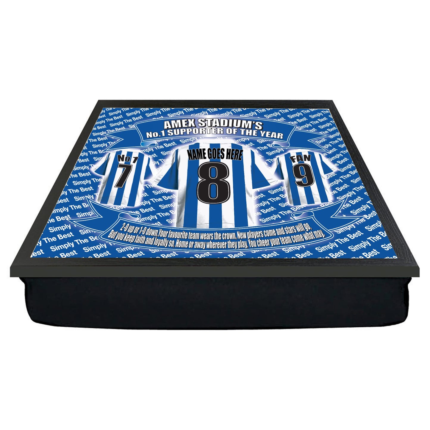 Brighton Football Shirt Personalised Lap Tray Gift - Blue Resin Rectangular Padded Lap Tray - 33cm x 45cm