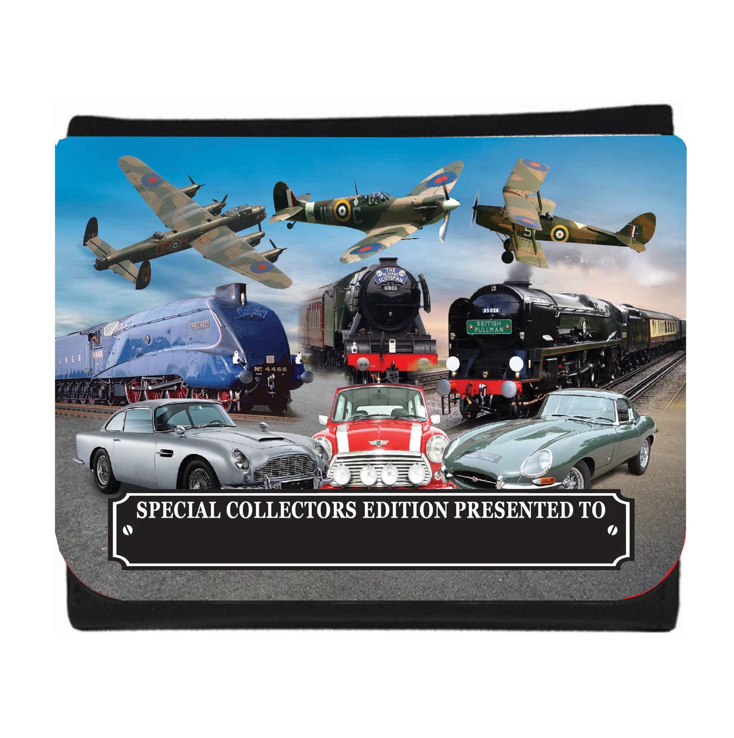 Planes Trains and Automobiles Classic Car Icons Personalised Wallet Gift